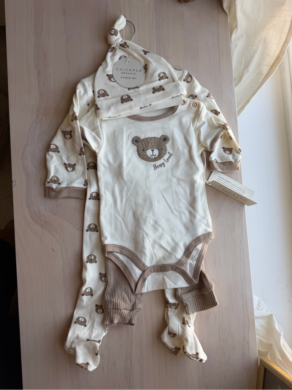 Chickpea Organic Cream & Brown Bear Baby One-Piece Set